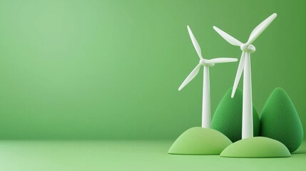 Symbolize of Energy efficiency. Miniature wind turbines on green hills with trees.