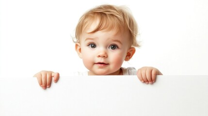 Cute toddler peeking over a blank white banner with an innocent expression and curious eyes in a bright isolated setting