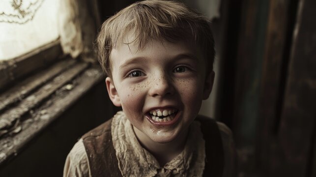 Cheerful Boy with Missing Front Teeth Smiling by Window in Vintage Setting