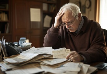 A man is sitting at a desk with a pile of papers in front of him