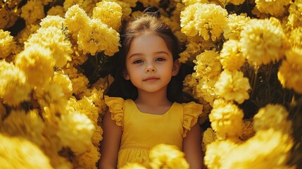 Girl in yellow dress surrounded by vibrant yellow flowers in a sunny floral field capturing innocence and joy amidst nature's beauty.