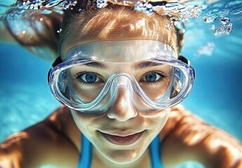 Naklejka premium A woman is smiling while wearing goggles and swimming in a pool