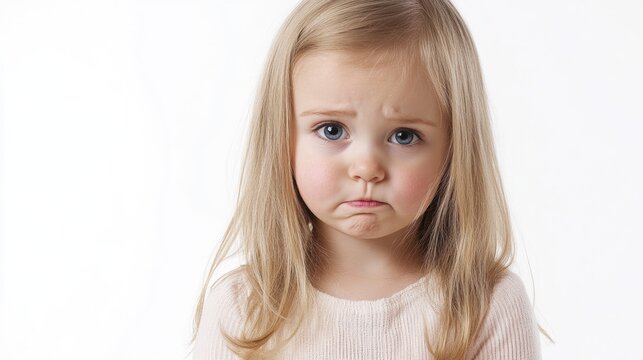 sad little girl with long blonde hair and a worried expression against a clean white background - Powered by Adobe