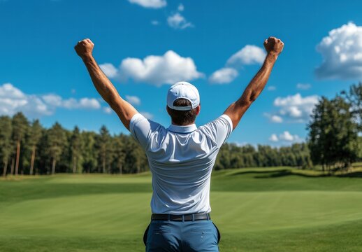 A man is standing on a golf course, wearing a white shirt and hat