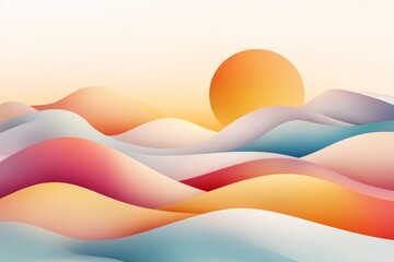 Fototapeta premium A flat design of a glowing sun rising over a curved horizon, with clean, bold lines and vibrant pastel gradients to convey optimism and new beginnings