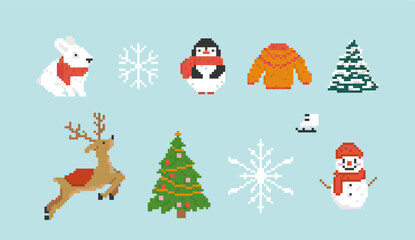 Merry Christmas and Happy New Year decorative sticker elements set in pixel art mosaic style