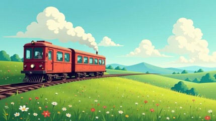 A Vintage Train Journey Through a Sunny Meadow Landscape Featuring Rolling Hills and a Vibrant Floral Display