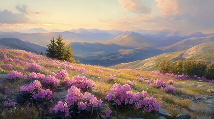 Obraz premium Sunrise Over Mountain Range with Pink Flowers