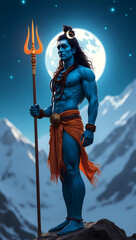 Hindu God Shiva adorned with a rudraksha necklace and bracelets and radiant crescent moon in his hair, stands strong holding his trident