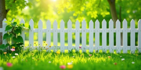 Serene Springtime Garden Scene with a White Picket Fence and Vibrant Blossoms