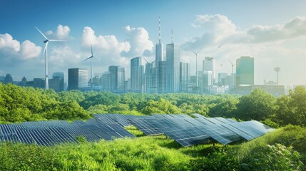 Net zero carbon transformation. A modern cityscape with skyscrapers, surrounded by lush greenery, solar panels, and wind turbines, showcasing sustainability and eco-friendly technology.