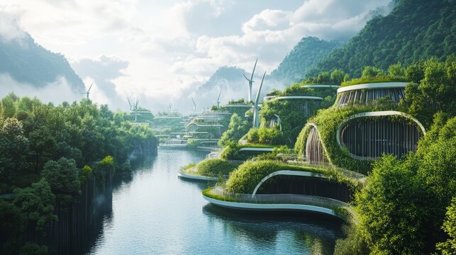 Net zero carbon transformation. A serene, futuristic landscape features lush greenery, flowing water, and eco-friendly architecture harmonizing with nature.