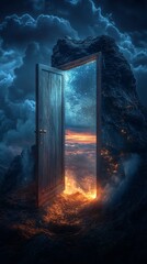 Mystical door to another world, mountain, stormy sky, ethereal glow. Use fantasy, imagination, spirituality,  backgrounds