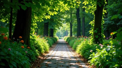 Fototapeta premium Sun-dappled path meandering through a verdant, flowering garden, bordered by majestic trees casting long shadows