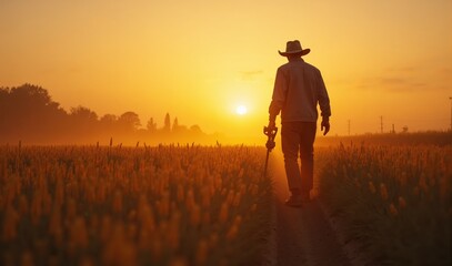 Fototapeta premium Farmer Working at Sunrise
