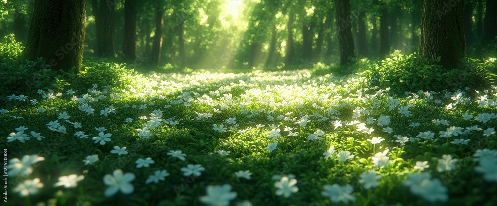 Wall mural Sunlit Forest with White Flowers Blooming