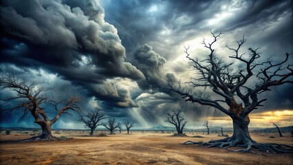 Dark clouds gathering above a desolate wasteland with twisted