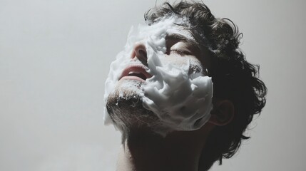 Fototapeta premium Man applying shaving foam to his face with eyes closed in a soft light setting showcasing grooming and personal care routine.