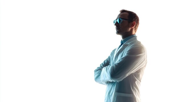 Professional male doctor in lab coat posing confidently against a white background showcasing healthcare and medical professionalism.