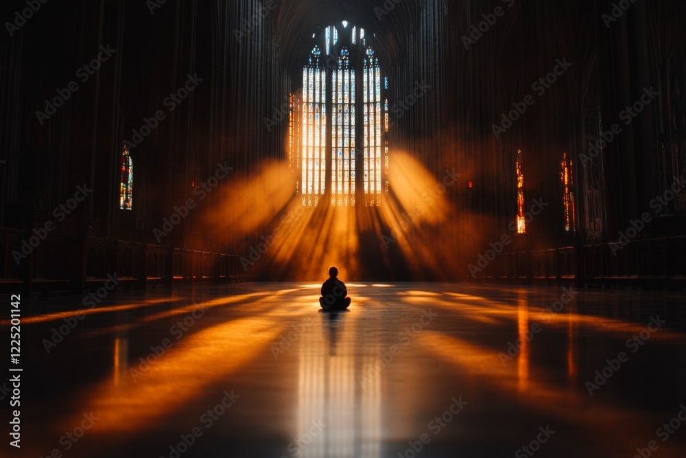 Poster a gothic depiction of a person sitting in a vast, empty cathedral, surrounded by shadows and faint l