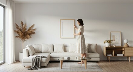 Woman Hanging Blank Picture Frame on White Wall in Minimalist Living Room