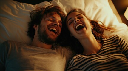Happy Couple Enjoying a Cozy Moment Together in Bed with Laughter and Smiles