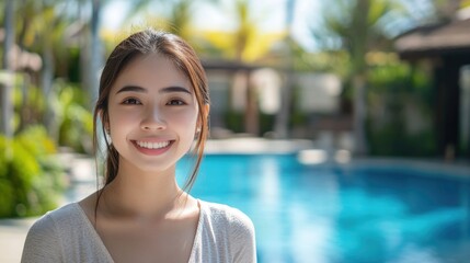 Young Asian woman smiling contentedly by outdoor hotel pool, enjoying leisure time during vacation travel in sunny resort setting