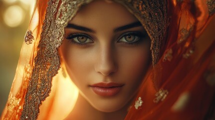 Elegant portrait of a beautiful bride in rich-toned colors with intricate headscarf and captivating gaze. Perfect for wedding themes.