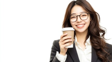 Cheerful young Asian businesswoman smiling while holding coffee cup and talking on smartphone in professional attire isolated on white background