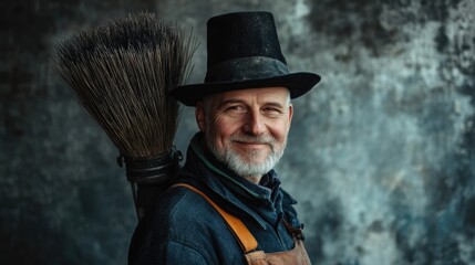 Charming portrait of a chimney sweep in traditional attire with a chimney brush, reflecting historical craftsmanship and rich character.