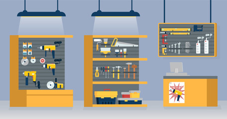 Hardware shop design interior, tools store showcase with modern professional instrument display
