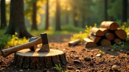 A small hatchet rests on a tree stump in a sun-dappled forest, near a neatly stacked pile of firewood.