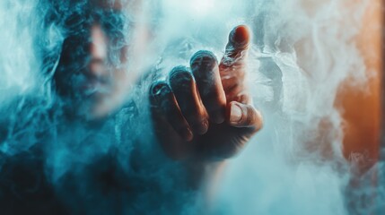 Marco hand waving behind frosty glass. Female fingers sliding on glass surface indoors. Abstract defocused woman hand making fist in smoggy studio. Disappearing blurred fist in horror scene.