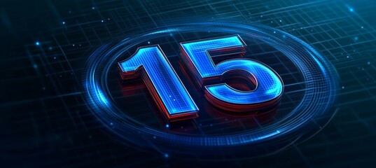Blue Digital Number 15 on Futuristic Glowing Background, Technology and Celebration Concept