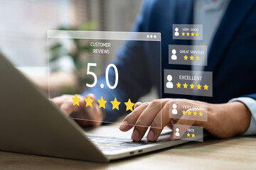 Customer satisfaction feedback survey, Man using laptop for online reviews and ratings to evaluate service quality reputation. Customer experience ratings and surveys for service excellence.