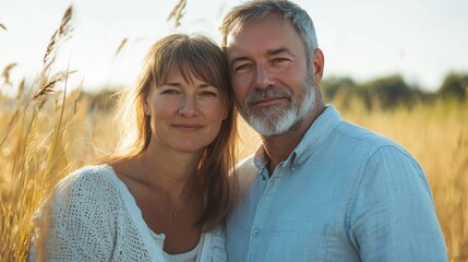 Fototapeta premium Portrait of middle-aged couple enjoying summer in a golden field with warm sunlight highlighting their joyful expressions.