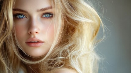 Naklejka premium Stunning portrait of a young woman with flowing blonde hair and captivating blue eyes highlighting natural beauty and elegance.