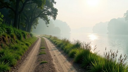 Fototapeta premium Serene morning mist shrouds a tranquil waterway, a gentle dirt path winding alongside lush vegetation, bathed in the soft glow of sunrise.