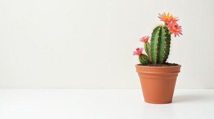 Fototapeta premium Flowering cactus in terracotta pot adds beauty to interior decor
