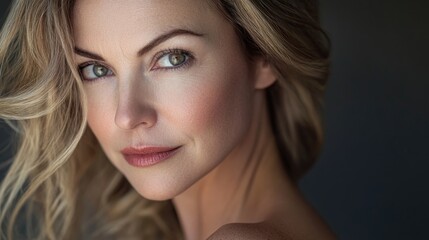 Fototapeta premium Elegant close-up of a confident woman in her forties showcasing natural beauty and timeless grace with soft lighting and serene expression