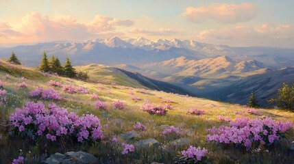 Sunrise Over Mountain Range with Pink Flowers