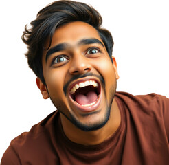 Extremely excited or shocked young Indian man isolated on transparent background