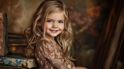 Fototapeta premium Charming portrait of a joyful young girl in a studio setting with a warm, vintage background and soft lighting.