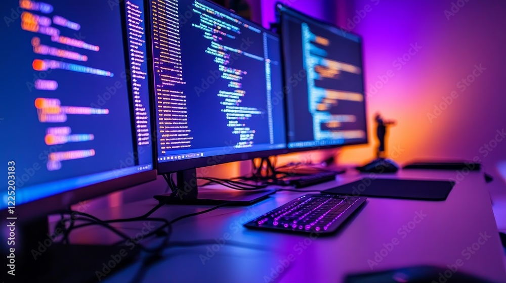 Poster a modern workspace featuring multiple monitors displaying colorful code with ambient lighting