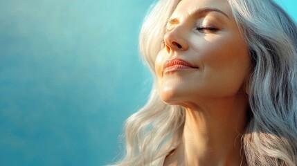 Fototapeta premium Portrait of a serene mature woman with gray hair against a soft blue background capturing confidence and beauty in middle age.