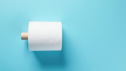 Obraz premium A roll of soft, white bathroom tissue on a light blue background, featuring a simple wooden holder