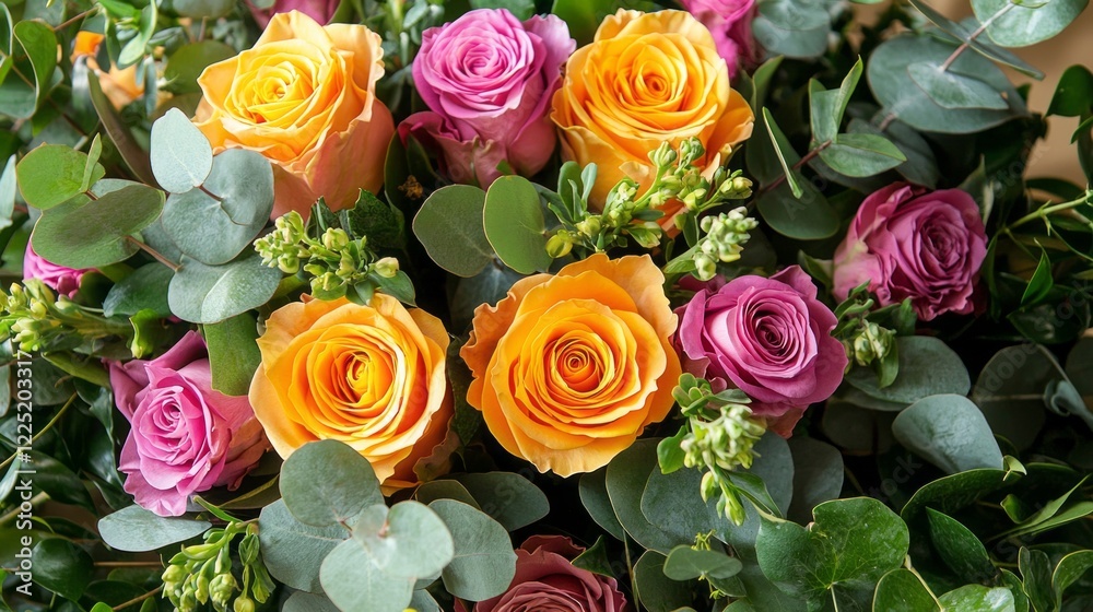 Poster vibrant roses in shades of pink and orange burst forth from a lush arrangement, surrounded by delica