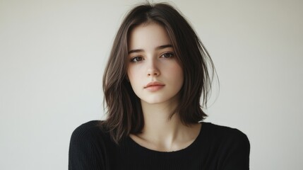 Naklejka premium Elegant portrait of young brunette woman with soft features against neutral backdrop showcasing beauty and confidence.