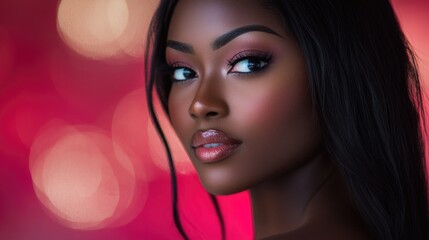 Stunning studio portrait of an elegant woman with alluring features and captivating gaze against a blurred pink background.