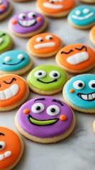 Decorating cookies with bright icing and funny faces home kitchen food art cheerful atmosphere whimsical touch